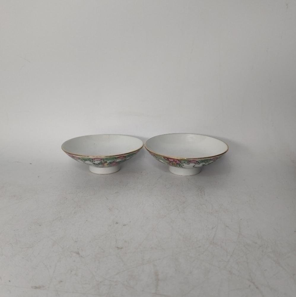 2 vintage rose Canton soy sauce dishes, or chopstick‎ rests, or soup bowl covers